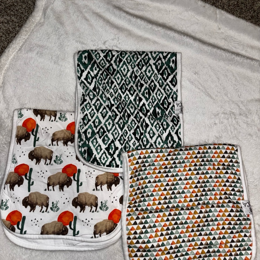 Green and Orange Bibs with Geometric and Animal Prints